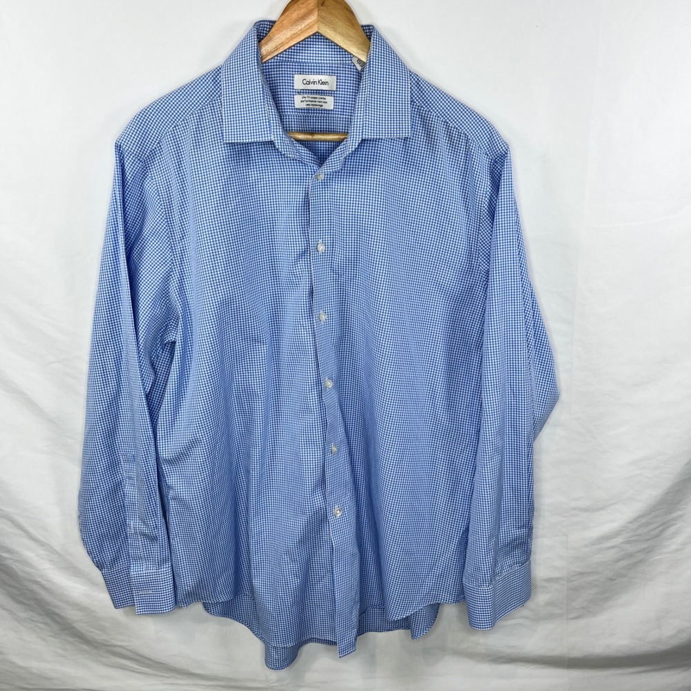 Calvin Klein Slim Fit Non-Iron Blue Gingham Dress Shirt‎ 17 32/33